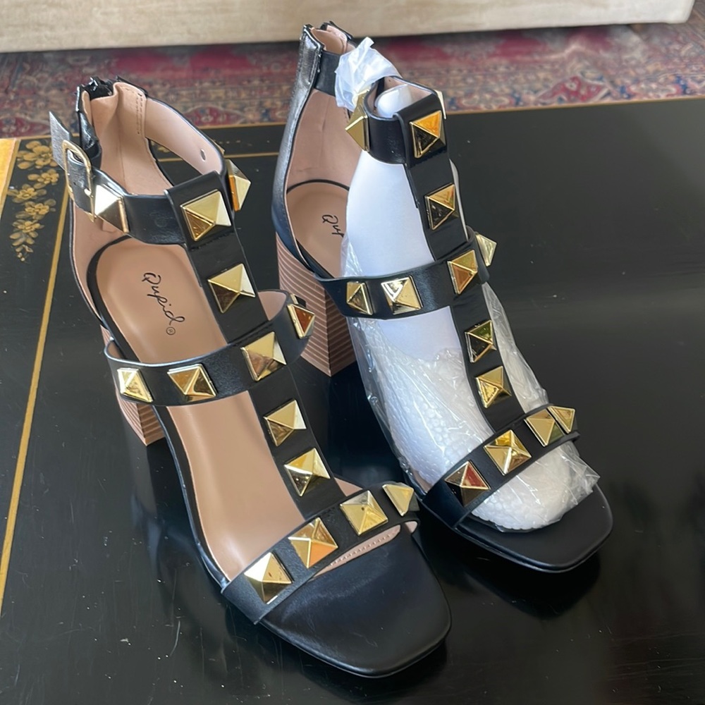 Black/Gold Studded Sandal by Qupid